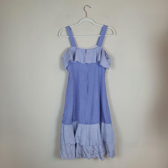 J.Crew Dress 0 Blue White Silk Striped Ruffle Cold Shoulder Handkerchief Midi - Picture 3 of 8